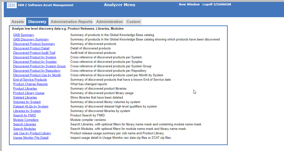 Screenshot of the Discovery tab of the Analyzer online, including links to each Discovery query.